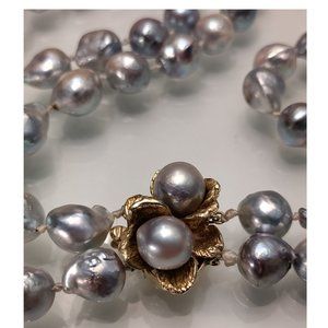 2 Strand Grey South Sea Baroque Saltwater Pearl 14k Yellow Gold Necklace 101g